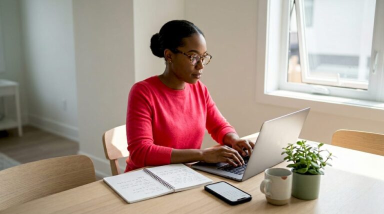 Black woman working at home office table