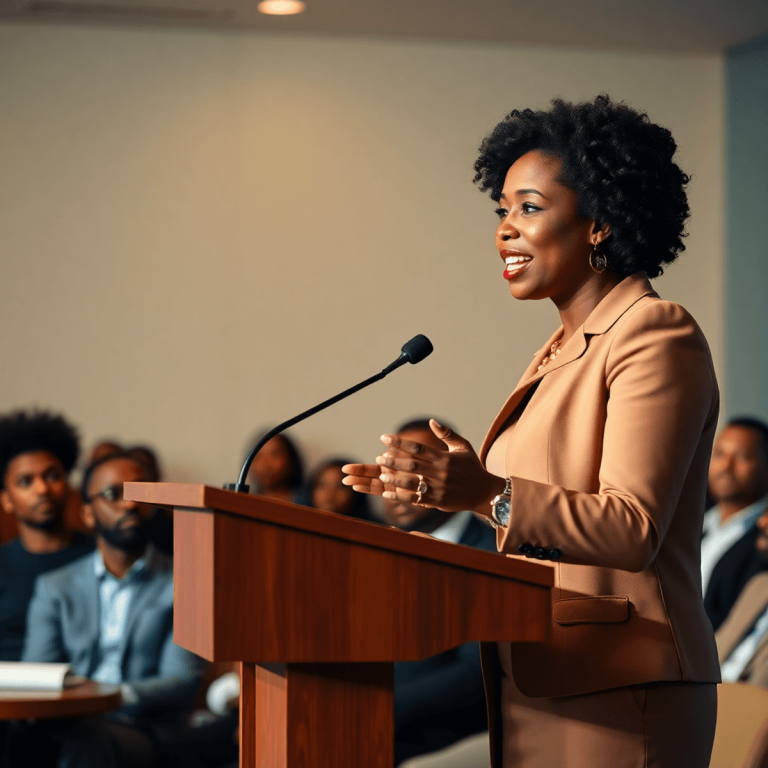 Mastering Public Speaking: Tips for Black Female Leaders Confident female leader speaking passionately at a podium to an engaged audience in a warmly lit professional setting.