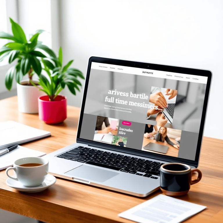 How to Scale Your Side Hustle into a Full-Time Business Modern workspace with laptop showing a professional website, surrounded by notes and coffee, symbolizing business growth and success.