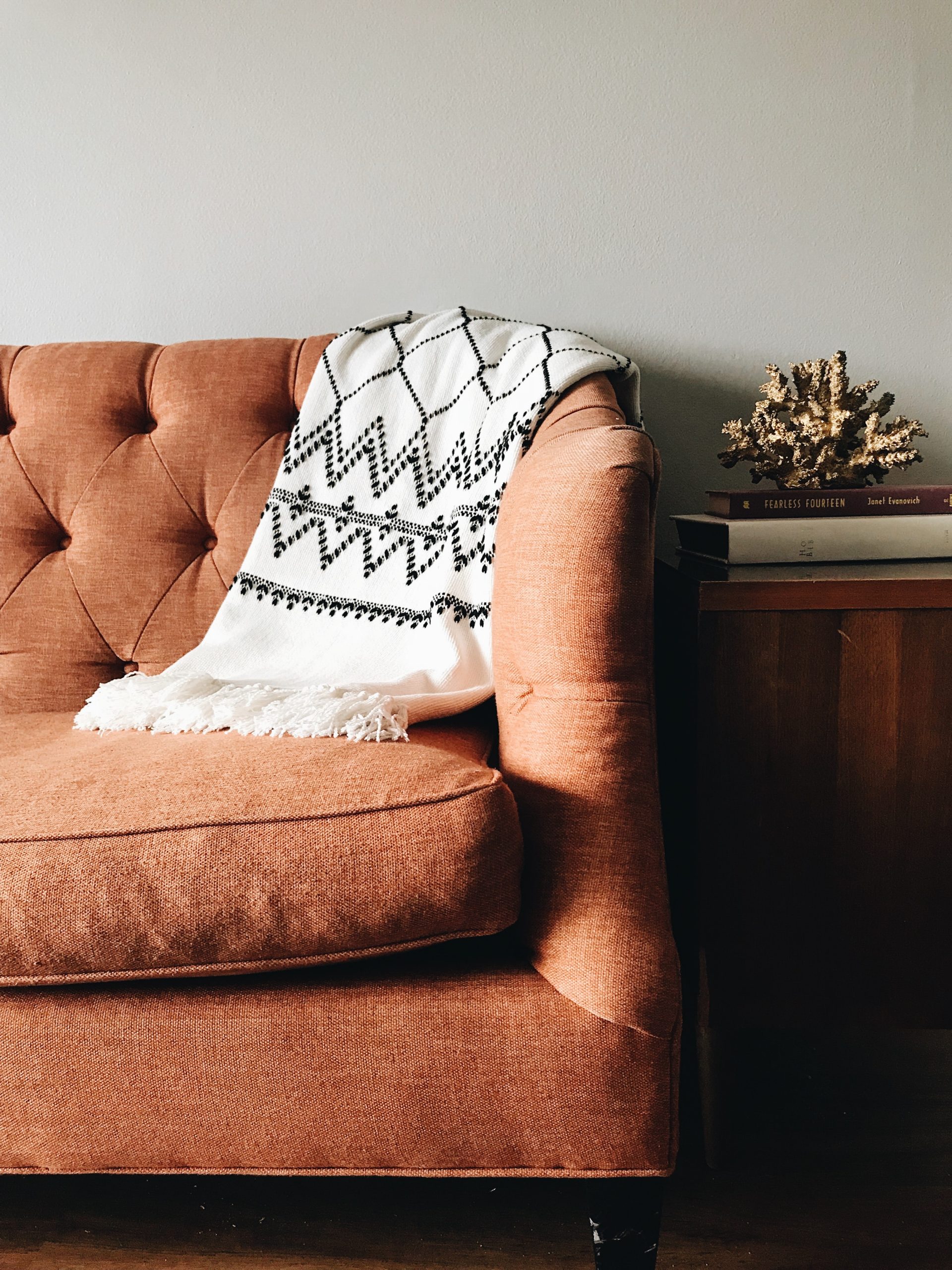 cozy sofa with throw blanket redesign
